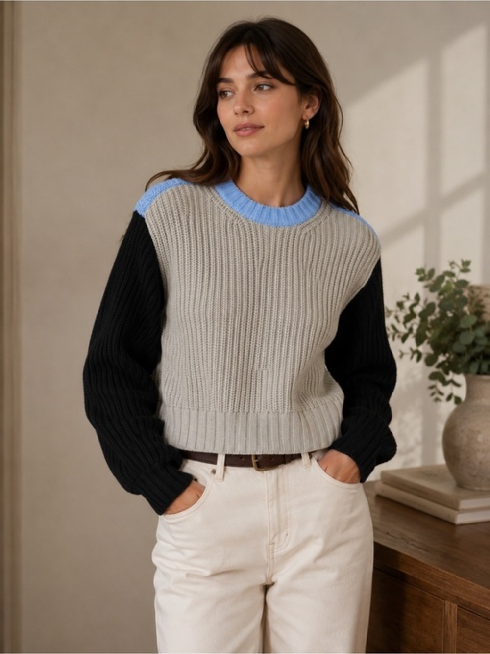 POPSUGAR Beige Blue Black Colorblock Chunky Knit Sweater XL Cozy Casual Cropped